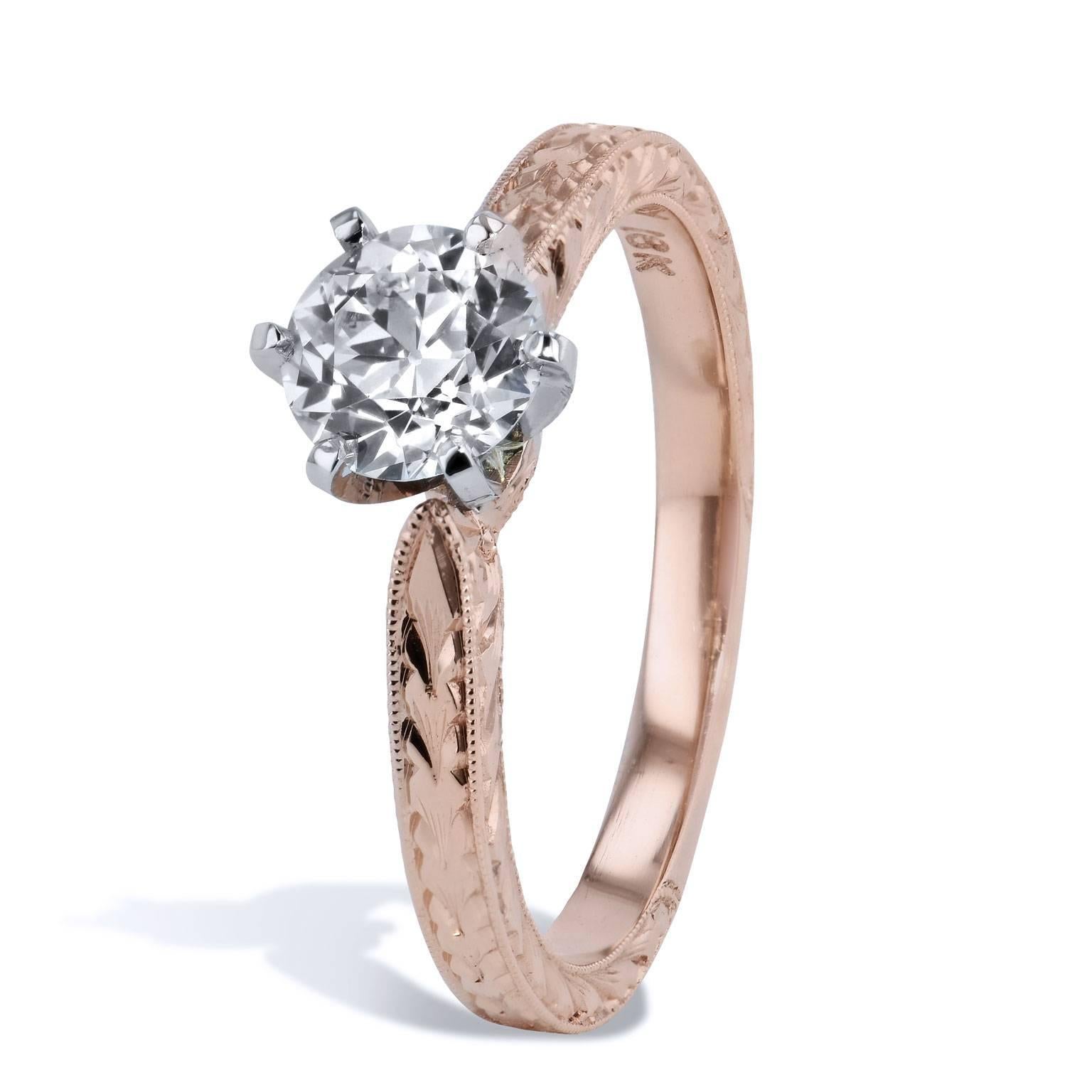 Exude romance and sentimentalism with this handmade H and H 18 karat rose gold and diamond engagement ring.  A 0.78 carat Old European cut diamond is set at center in a platinum six prong on retro antique finish shank (H/VS2; GIA#1186128781). This