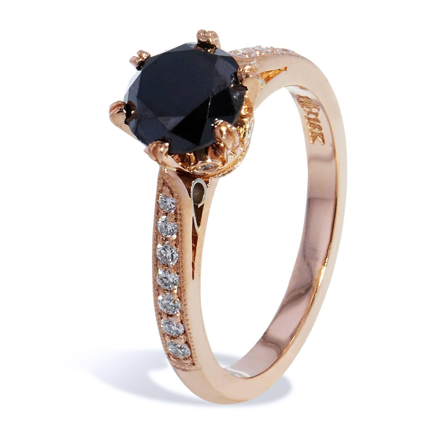 H&H 1.42 Black Diamond Engagement Ring 18 Karat Rose Gold

Evoke mystery and intrigue with this stunning, handmade H and H black diamond and rose gold engagement ring. 
The 18 karat rose gold embraces 0.17 carat of pave set diamonds streaming down
