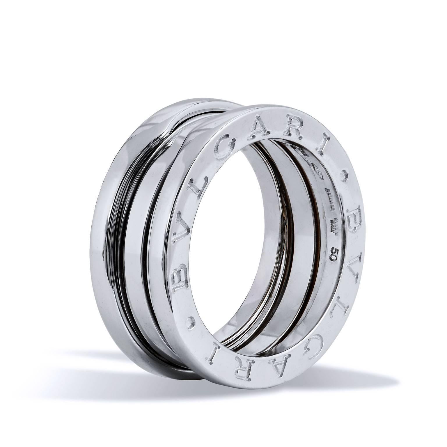 Enjoy this previously loved Bvlgari B. Zero 1 ring in 18 karat white gold (size 5). Shaped with sharp curves and engraved with the iconic Bvlgari logo the B. Zero 1 Design legend ring unveils its daring spirit through the geometric fluidity of its