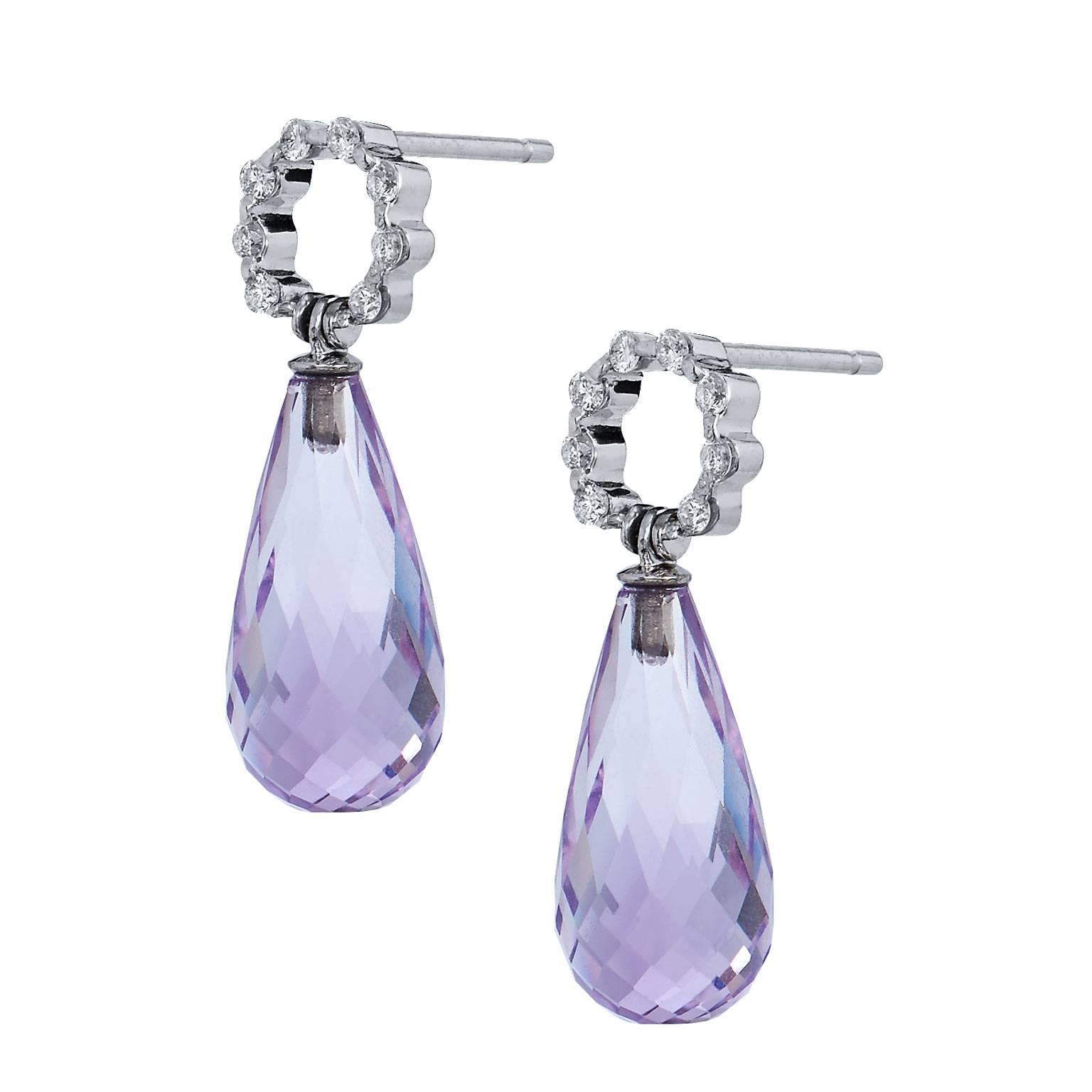 Handmade by H, two briolette amethysts with a total weight of 12.92 carat, radiate with celestial beauty as 0.18 carat of diamond adorn the base of the stud of the earring back (H/I/I1). Arranged in a wreath orientation with a stunning pop of color,