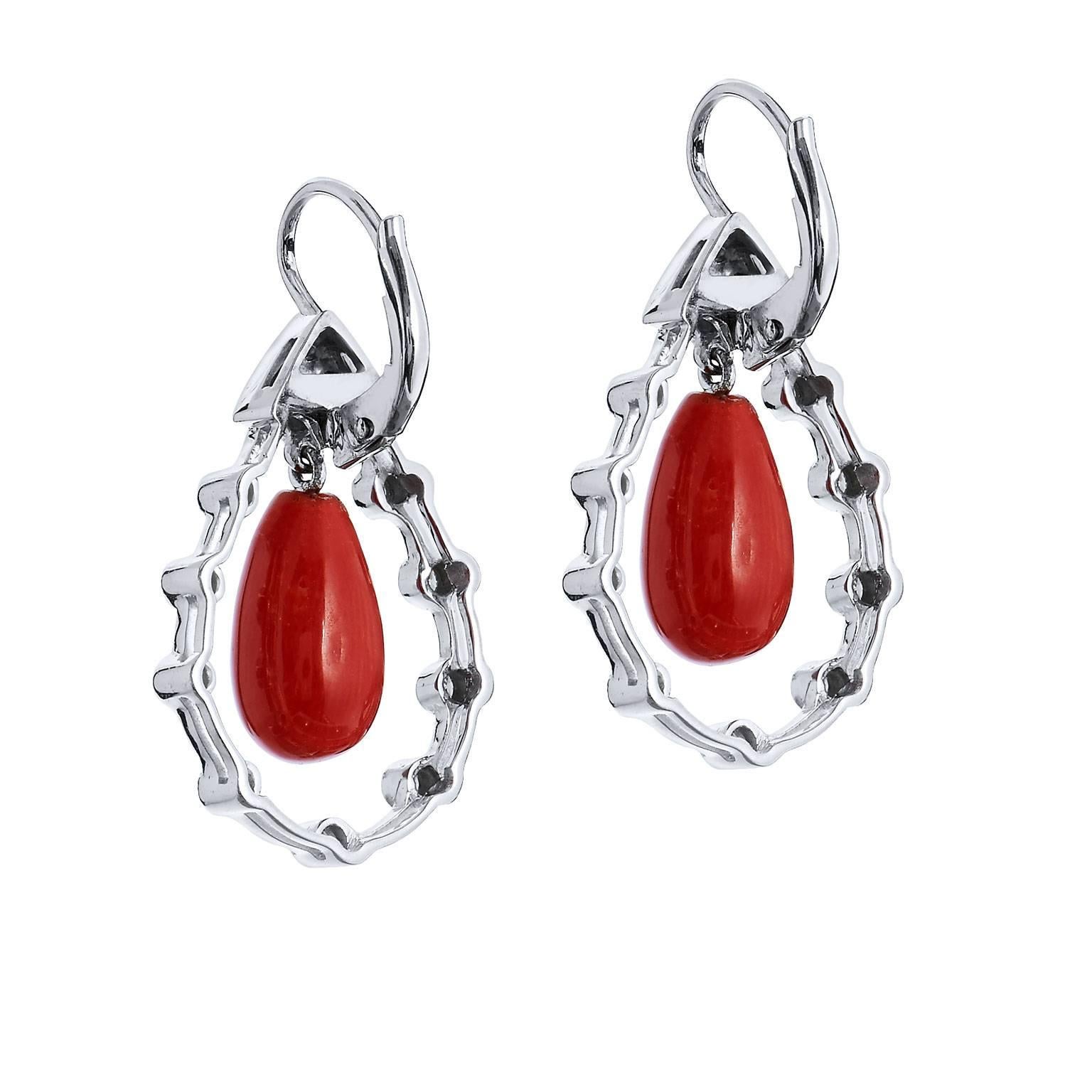 Red Coral Diamond Drop Earrings In Excellent Condition In Miami, FL
