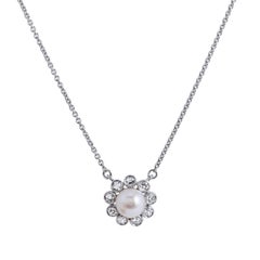 H & H Akoya Pearl and Diamond Flower Pendant Necklace