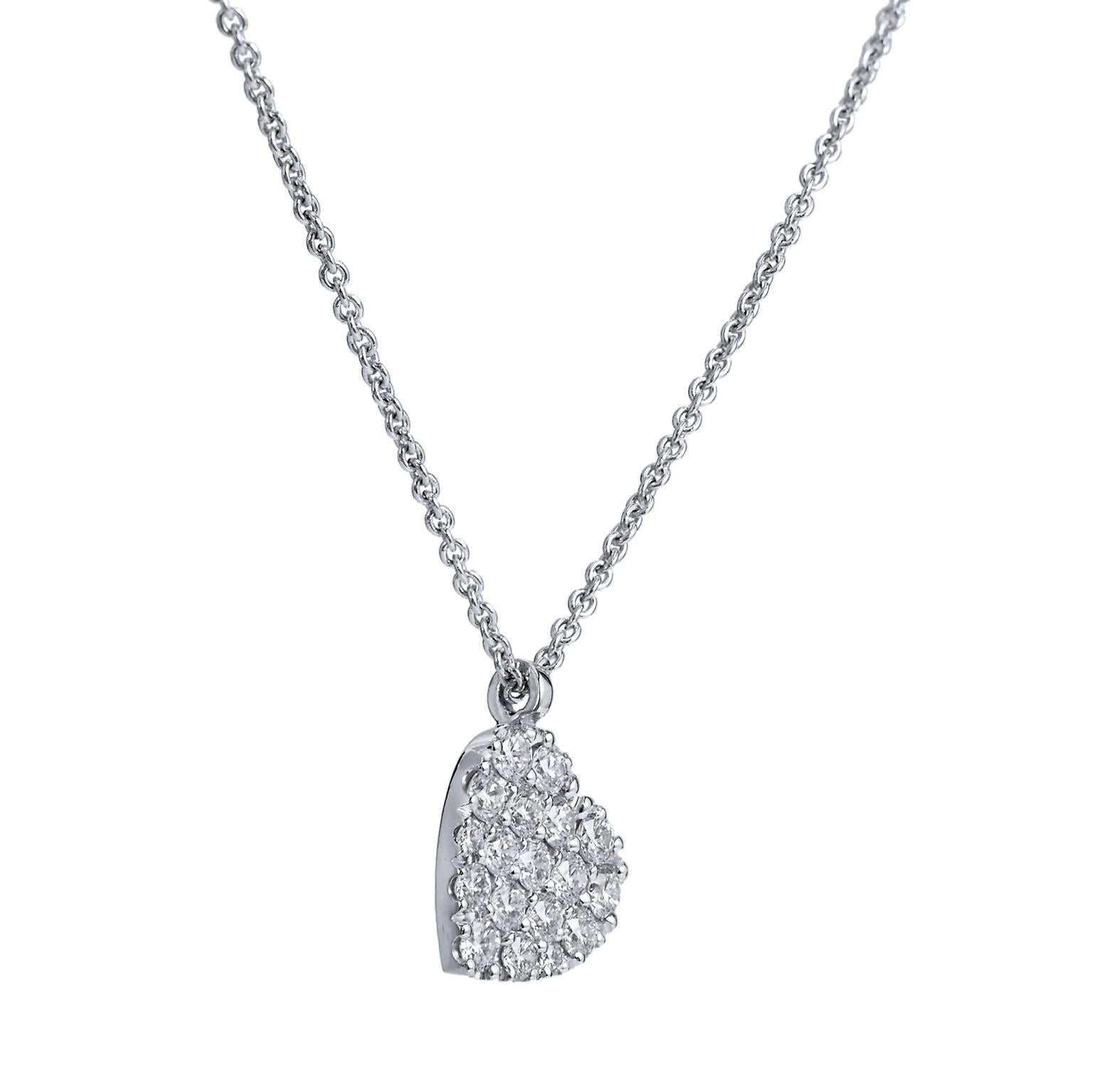 18 karat white gold heart pendant necklace featuring 0.30 carat of diamond pave set (G/SI1).