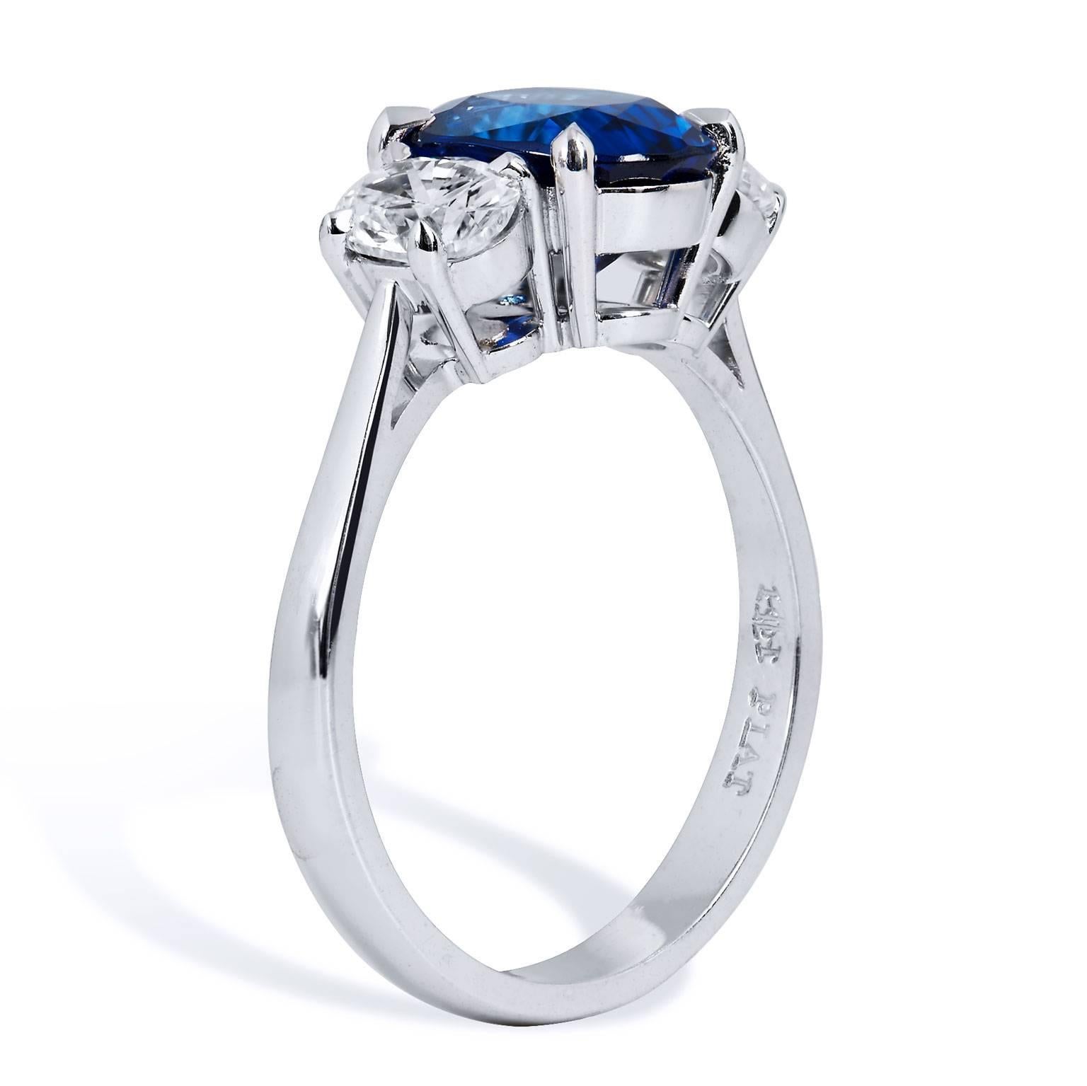 GIA Certified 2.60 Carat Oval Blue Sapphire and Diamond 3 Stone Platinum Ring 

Handmade by H&H Jewels, this blue sapphire, diamond and platinum ring has a 2.60 carat oval blue sapphire is set at center (GIA #1172965382), and 0.80 carats of oval