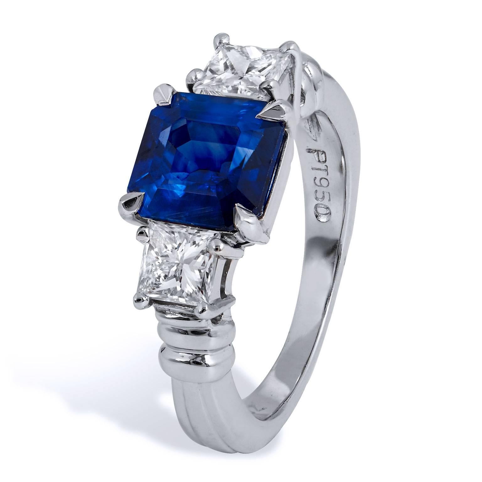 H & H 2.57 Carat Emerald Cut Blue Sapphire and Diamond Ring In Excellent Condition In Miami, FL