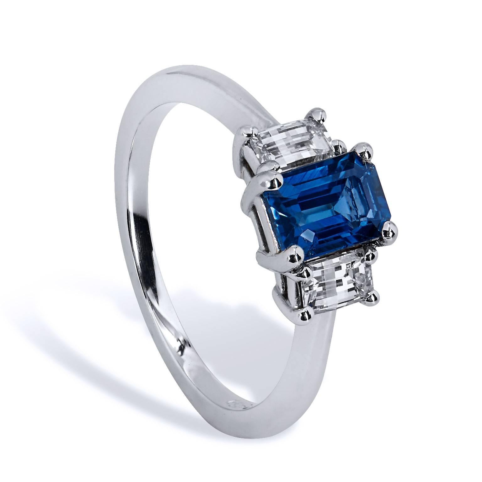H & H 1.28 Carat Emerald Cut Blue Sapphire Fashion Ring In Excellent Condition In Miami, FL
