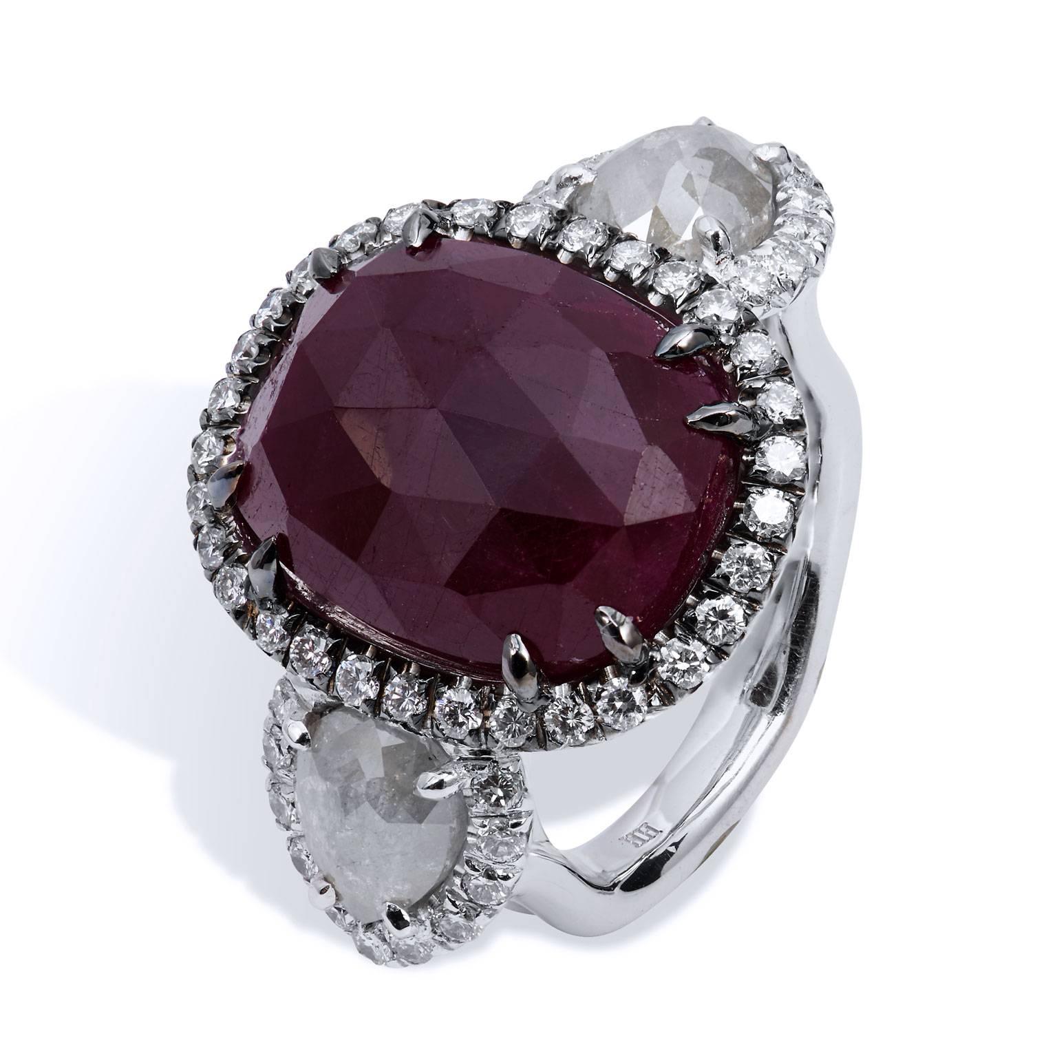 18.00 Carat Rose Cut Ruby and Diamond Slice 18 kt White Gold Cocktail Ring In New Condition For Sale In Miami, FL