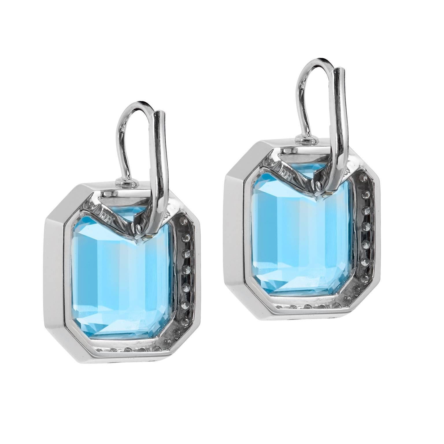 Round Cut H & H 18.29 Carat Blue Topaz and Diamond Pave Lever-Back Earrings