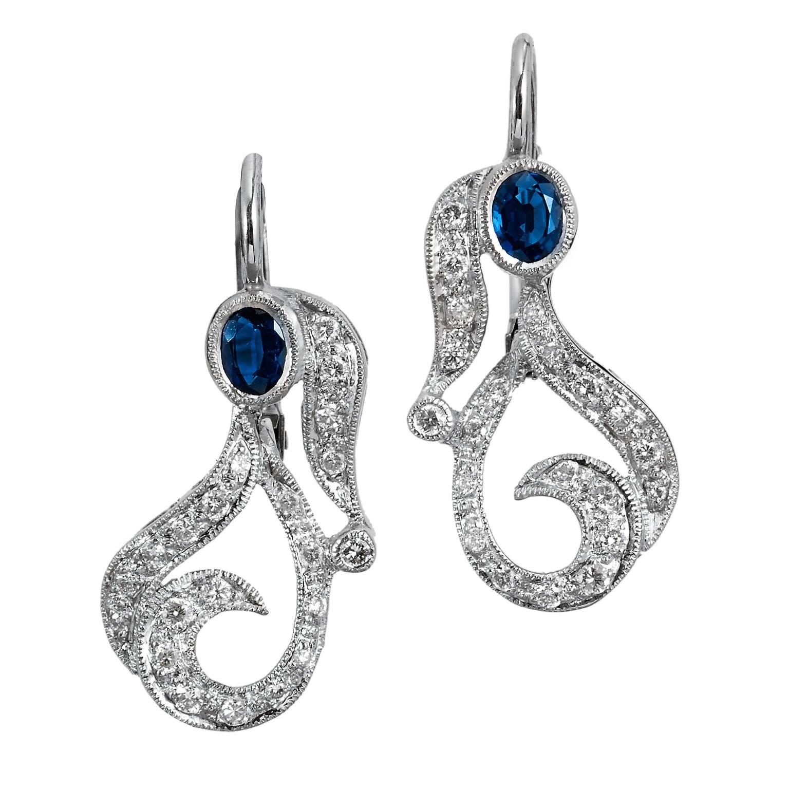 Blue Sapphire and Pave-Set Diamond Paisley-Shaped Lever-Back Earrings