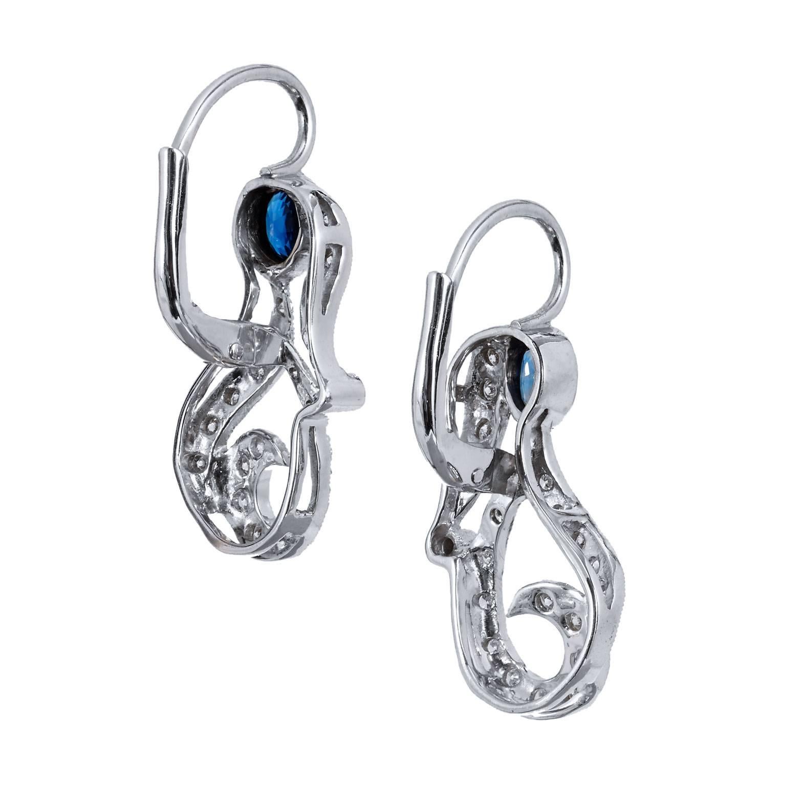 Round Cut Blue Sapphire and Pave-Set Diamond Paisley-Shaped Lever-Back Earrings