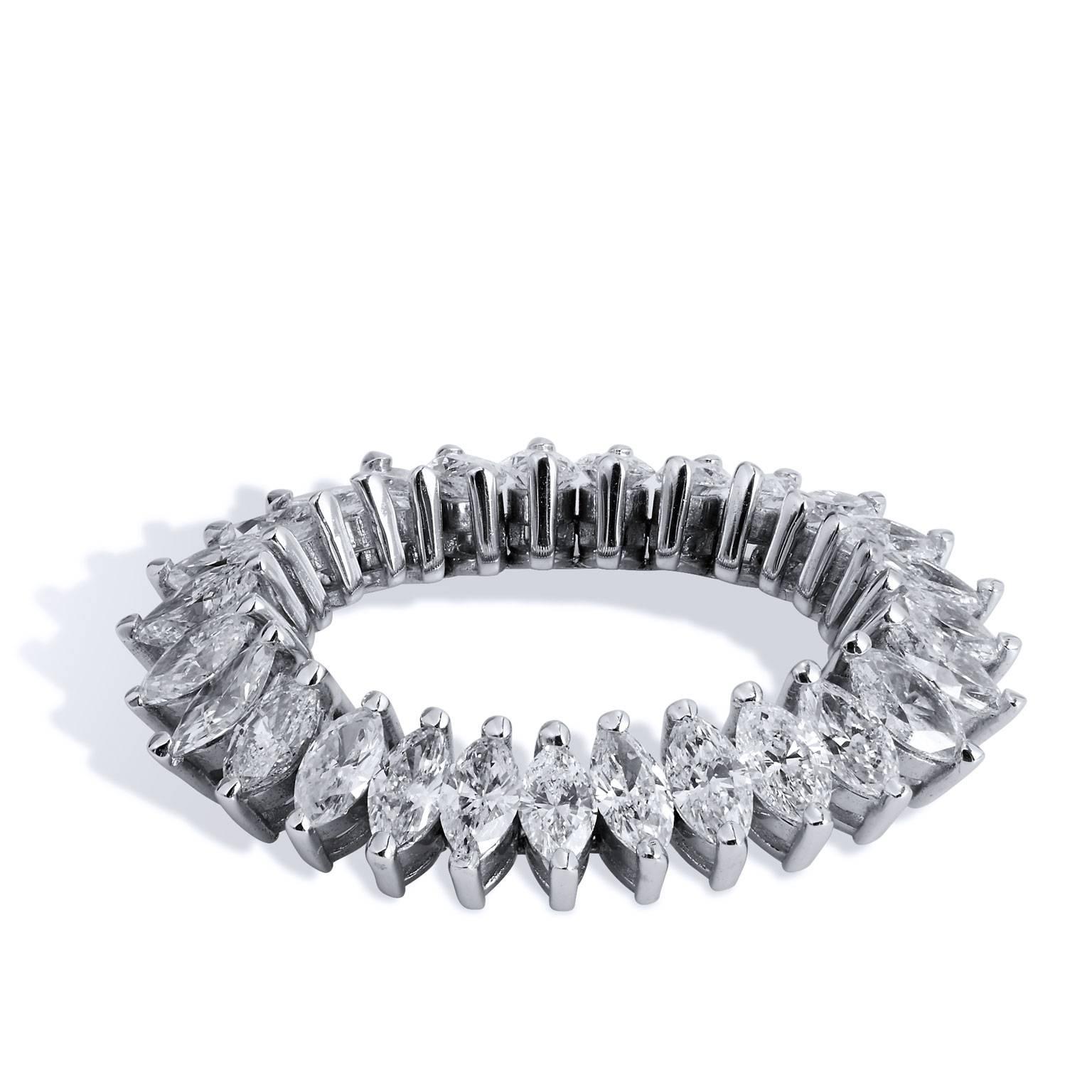 Enjoy this previously loved 14 karat white gold eternity band featuring a total weight of 2.25 carat of marquis cut diamond (H/I/SI2).