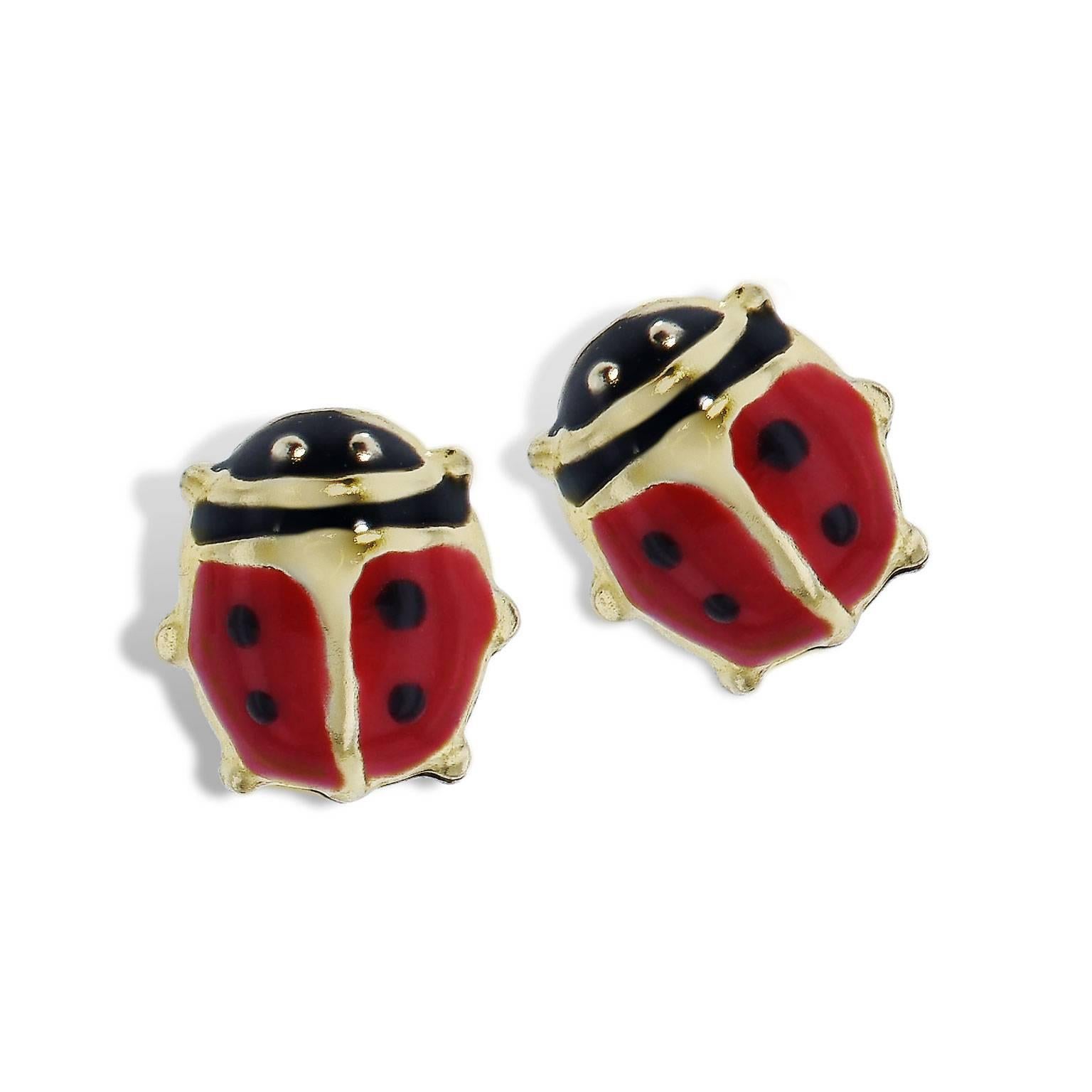 A darling pair of 18 karat yellow gold red enamel ladybug earrings to adorn the ears of your precious new addition. With 6 millimeter covered screw backs, these stud earrings wont fluttery away. 