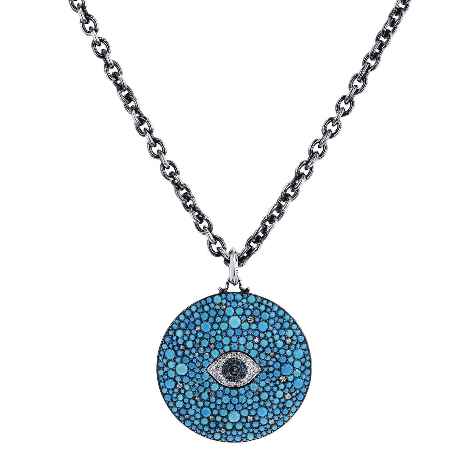 6.15 Carat Crushed Turquoise and Diamond Evil Eye Pendant Necklace