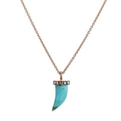 Turquoise Horn with 0.10 Carat Diamond Pave 18 karat Rose Gold Pendant Necklace
