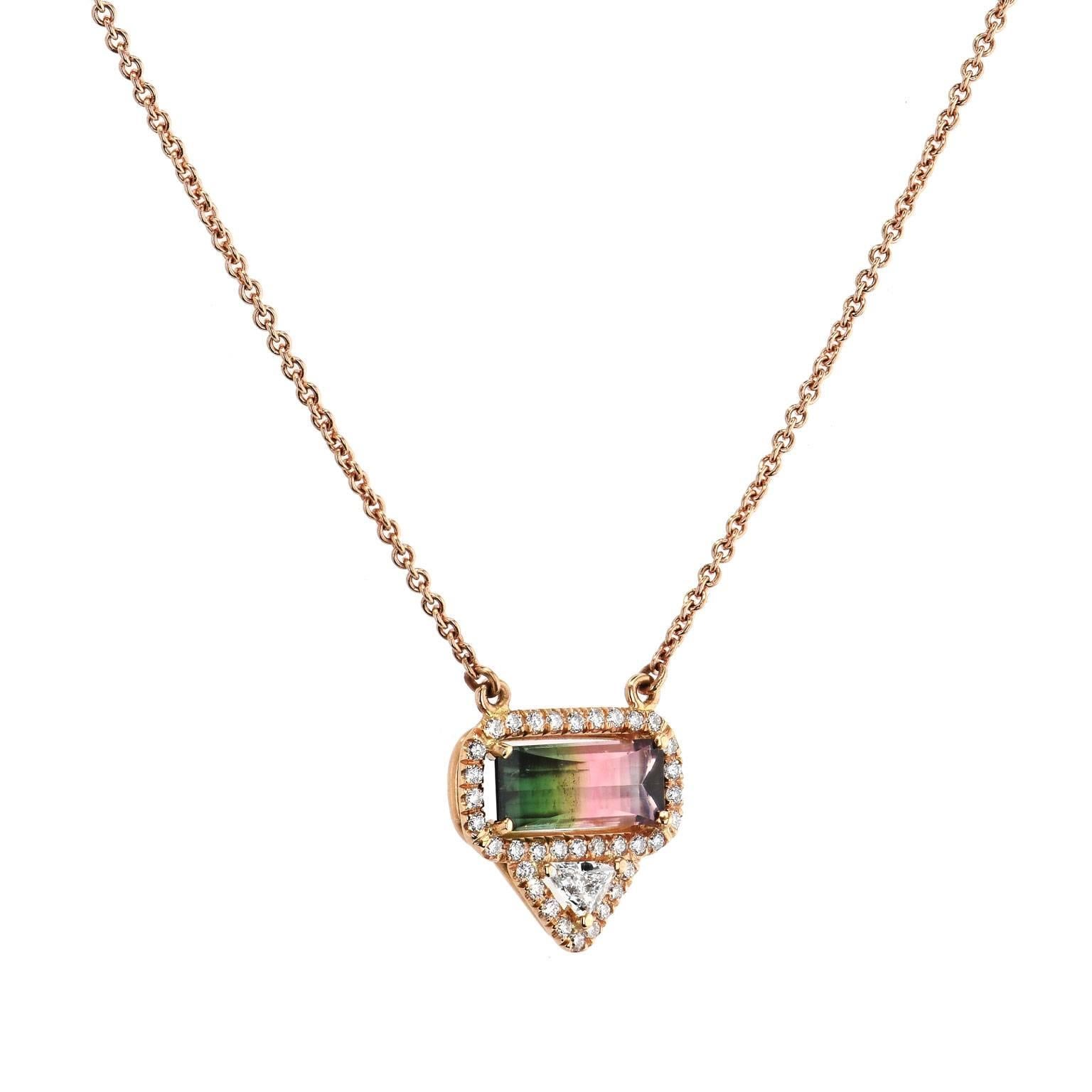 1.45 Bi-Color Tourmaline and Diamond Pave 18 karat Rose Gold Pendant Necklace

This is a one of a kind, handmade piece by H&H Jewels.

Bi-color tourmaline is funky and edgy in this handmade 18 karat rose gold pendant necklace. 1.45 carat of bi-color