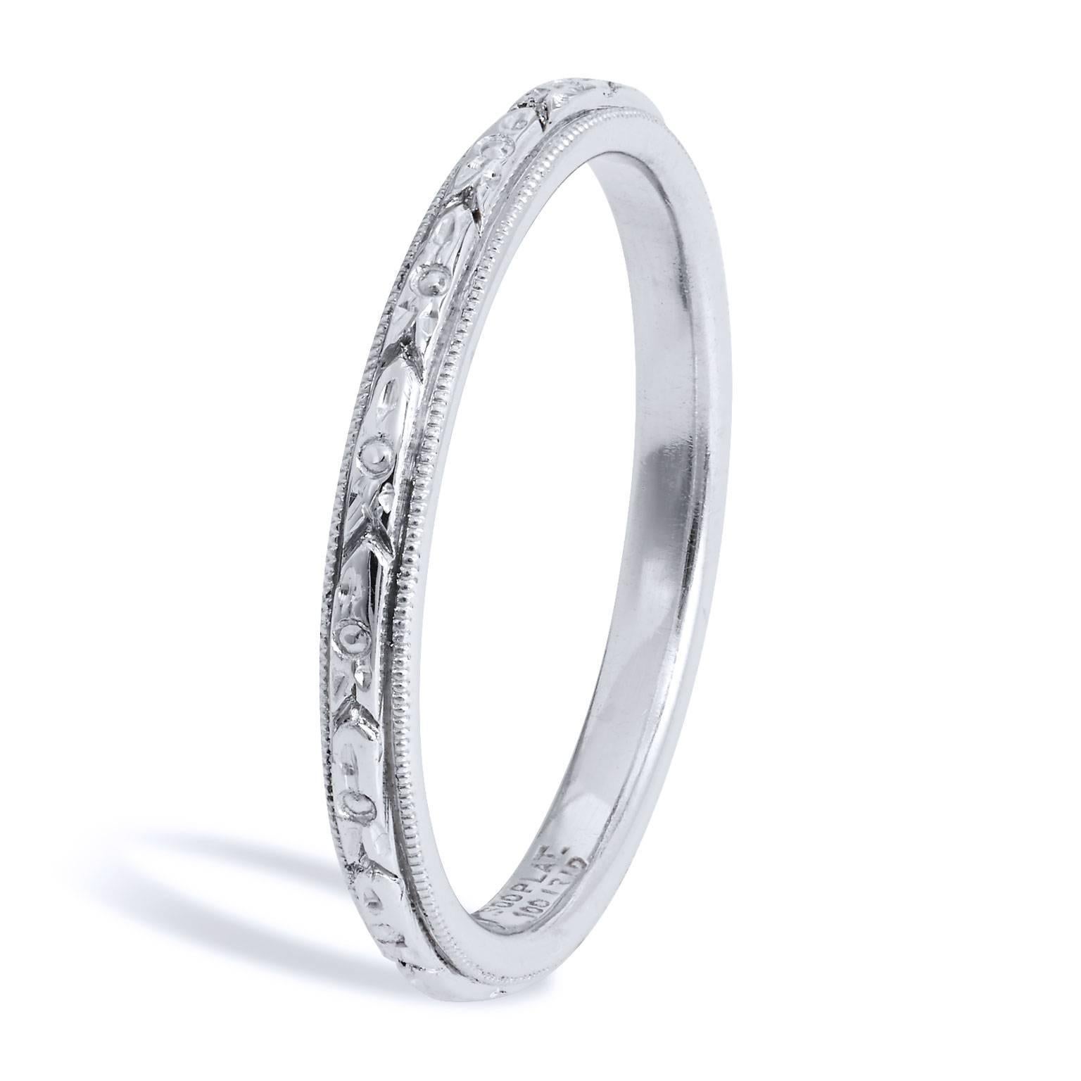 Orange Blossom Estate Engraved Platinum Eternity Band Ring Size 6 In Excellent Condition In Miami, FL
