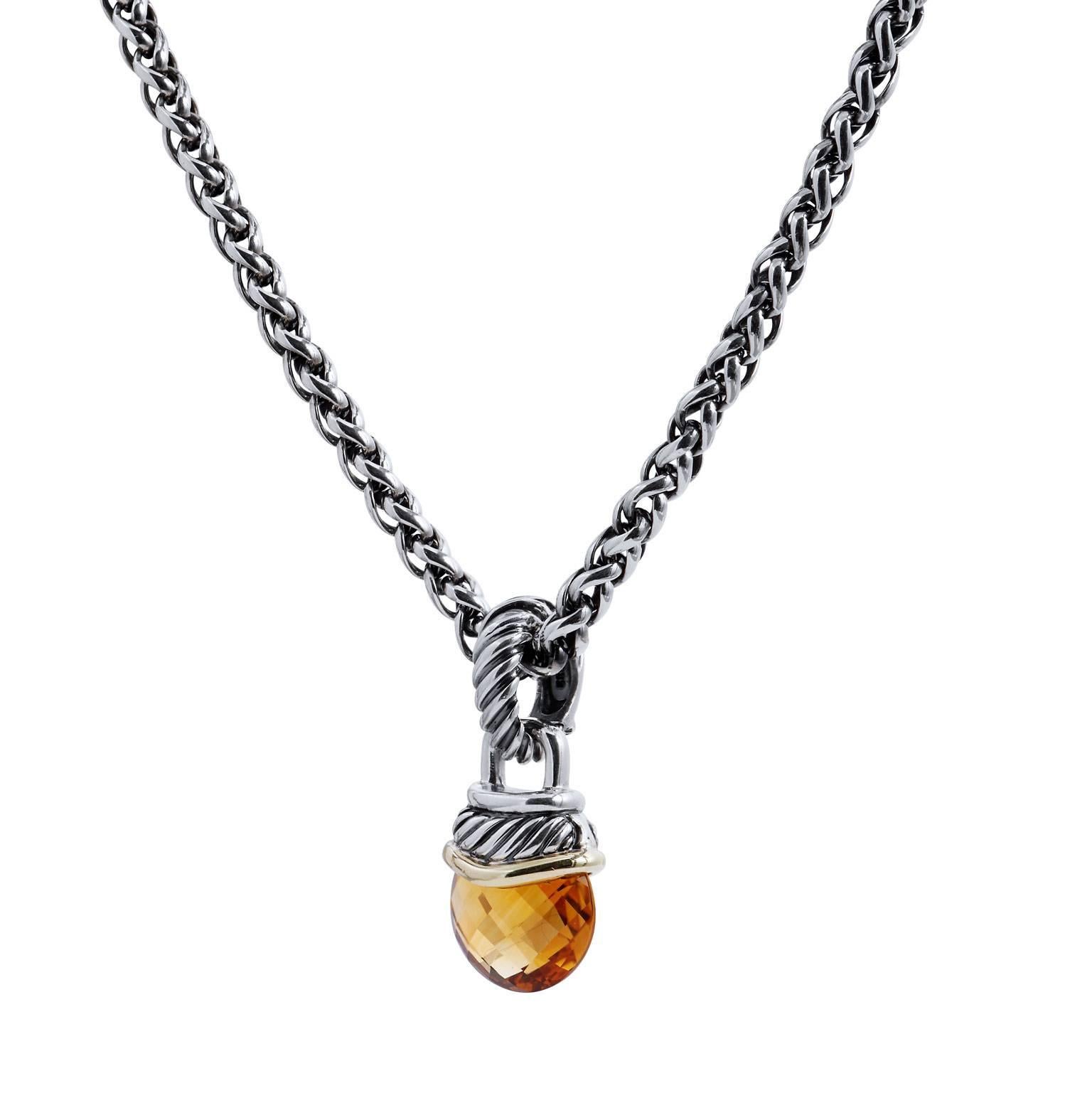 Enjoy this previously loved David Yurman citrine acorn pendant necklace in 14 karat yellow gold and silver. 