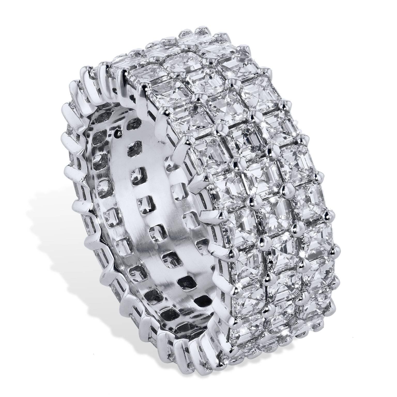 Triple Row 6.43 Carat Asscher Cut Diamond Ring In Excellent Condition In Miami, FL
