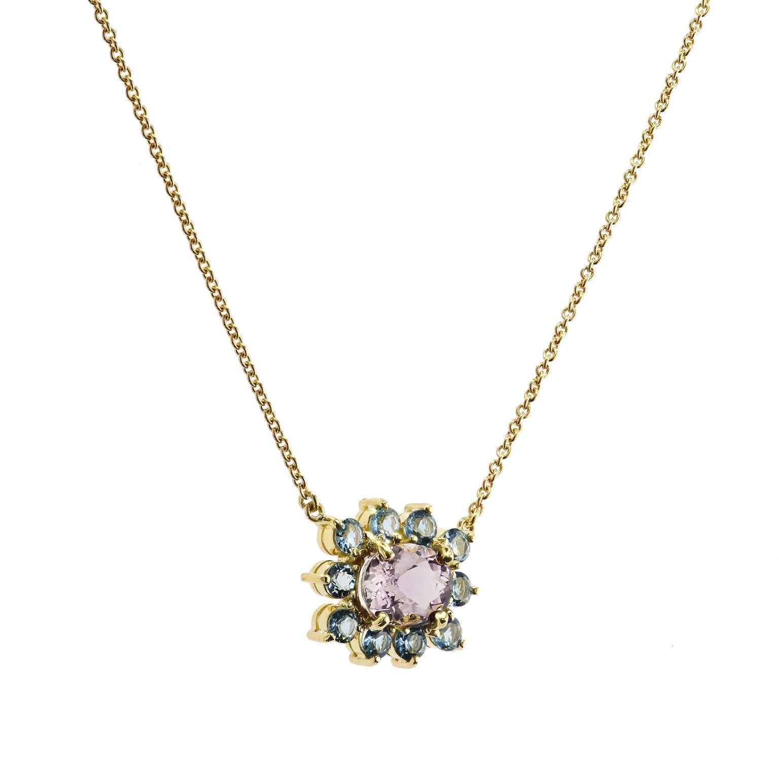 2.02 Carat Champagne Tourmaline and Aquamarine Pendant Necklace

This beautiful necklace is a handmade, one of a kind piece from H&H Jewels.  It features a
2.02 carat oval-shaped champagne tourmaline that is surrounded by 0.85 carats of