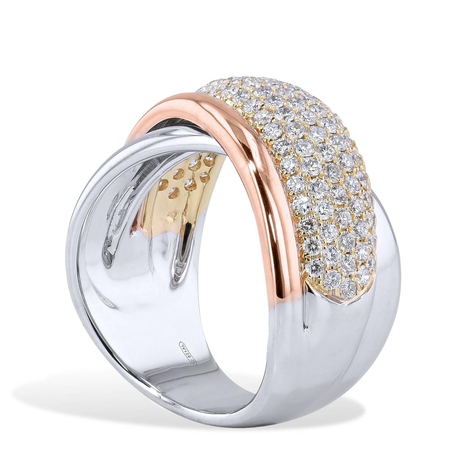 Diamond Tri-Color Gold Cross-Over Band Ring 1.23 Carat Total Weight

This beautiful ring features 18 karat white, rose, and yellow gold with a cross-over band ring featuring 1.23 carats of pave set diamonds. The diamonds are as follows: