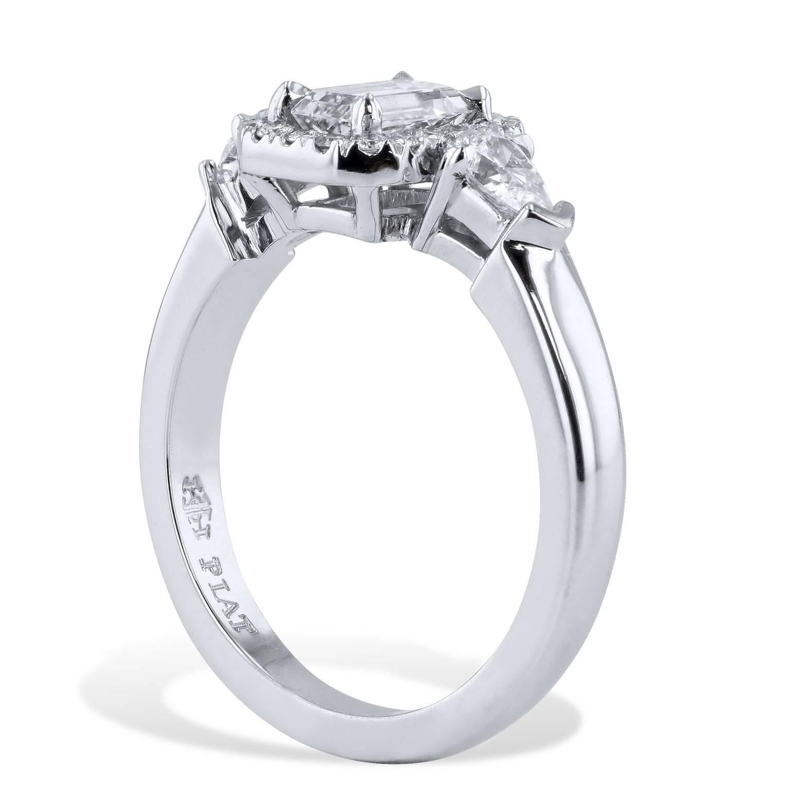 GIA Certified .62 Carat Emerald Cut Diamond & Platinum Engagement Ring Size 5.25

A platinum engagement ring that peers right into one's soul. A 0.62 carat emerald cut diamond prong-set at center (E/VS2; GIA# 6147756366) focuses one's gaze, while
