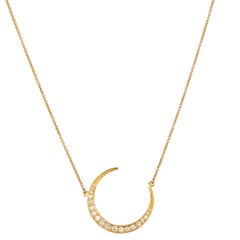 18 Karat Yellow Gold 0.43 Carat Diamond Crescent Moon Pendant Necklace Handmade 