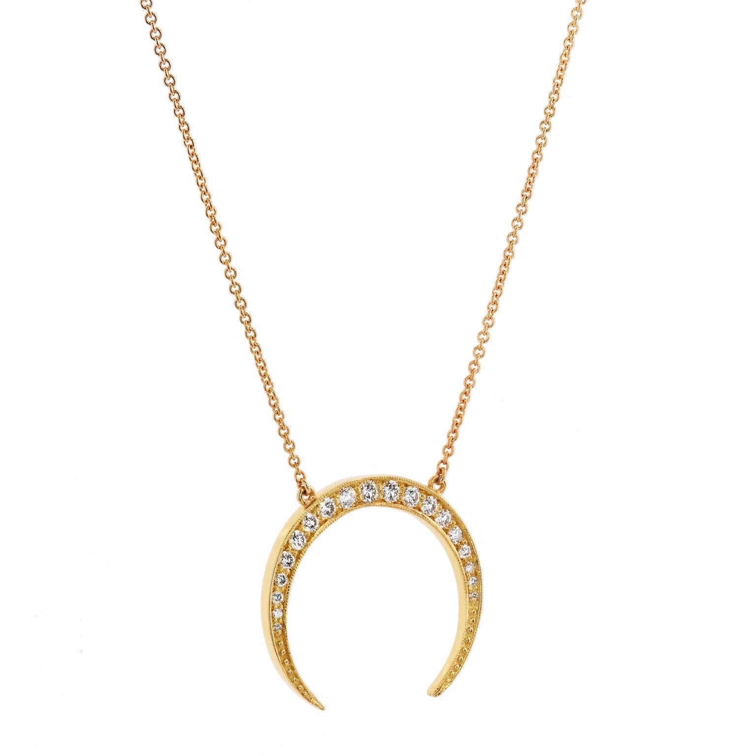 H&H 18 Karat Gold 0.43 Carat Diamond Pave Crescent Moon Pendant Necklace

This is a handmade, one of a kind piece by H&H Jewels.  It features 0.43 carat pave-set diamond expand the surface of this crescent moon pendant and is strung on an 18 karat