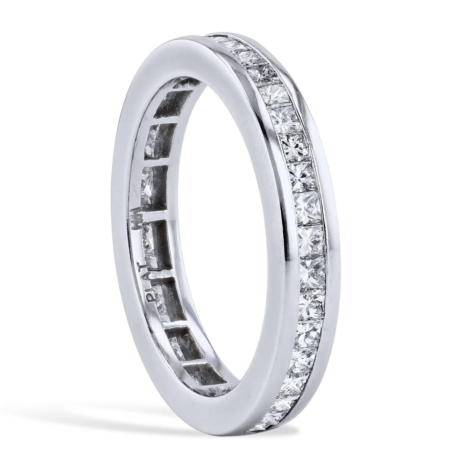 H&H 1.33 Carat Princess Cut Diamond Eternity Band Ring

This handmade diamond eternity band ring features 1.33 carat of princess cut channel set diamond. (F/G/VS1). 
Fashioned in platinum with satin finish, this ring reflects a marvelous display of