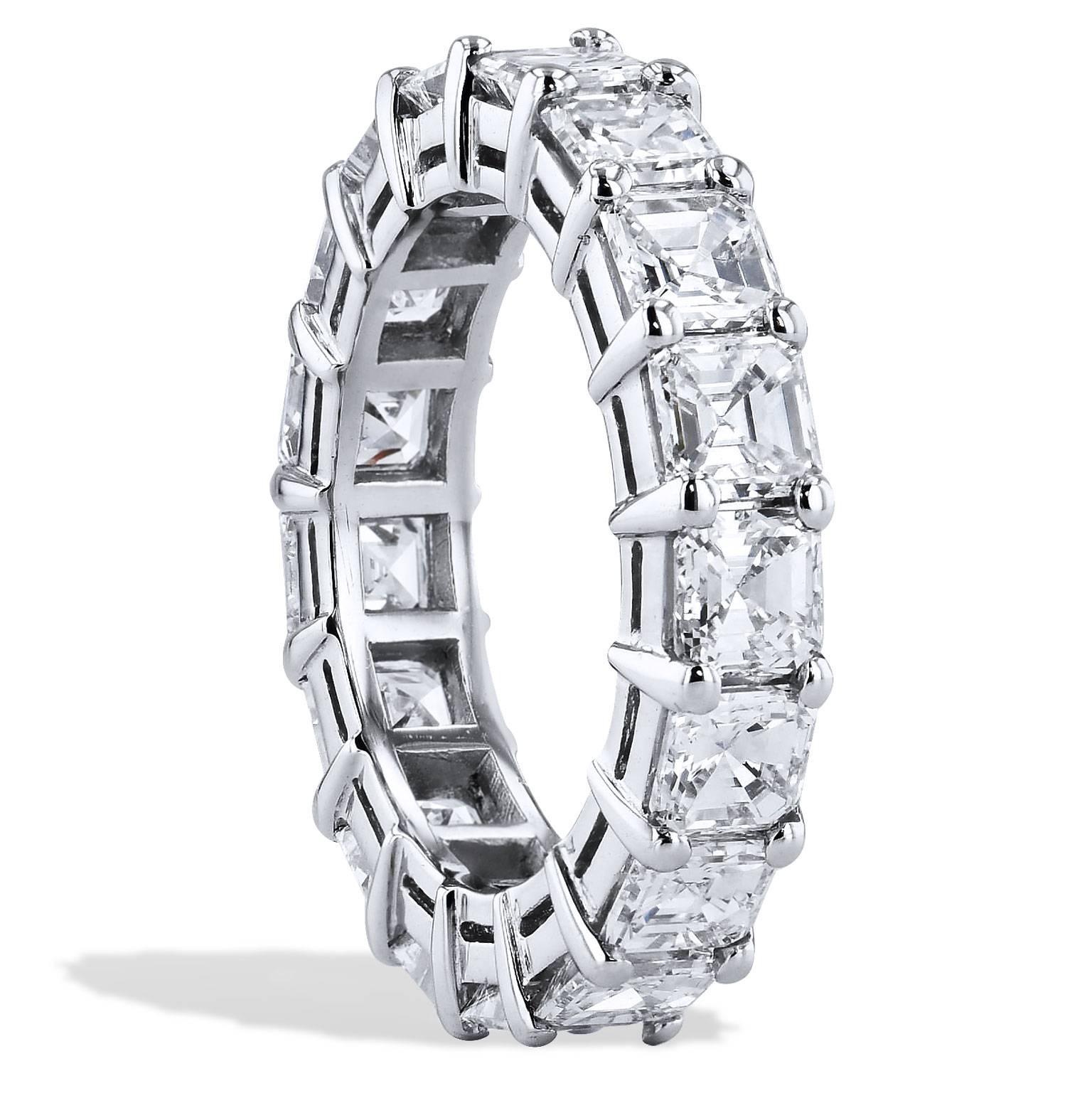 5.94 Carat Asscher Cut Diamond Eternity Band Ring Handmade by H&H Jewels Size 

This diamond eternity band ring features 17 Asscher cut diamonds in shared prong setting with a total weight of 5.94 carat (I/J/VS1). Fashioned in platinum, this