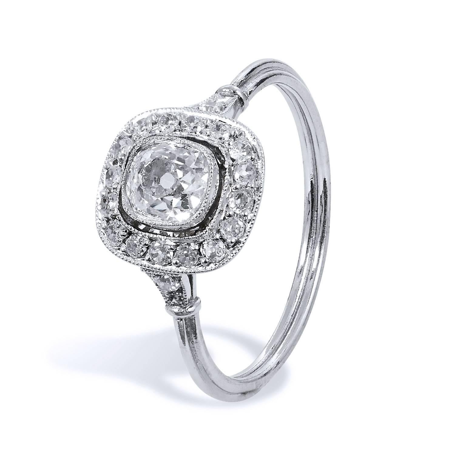 Women's Art Deco Style Old Mine Cut .73 Carat Diamond Platinum Halo Engagement Ring 6.75