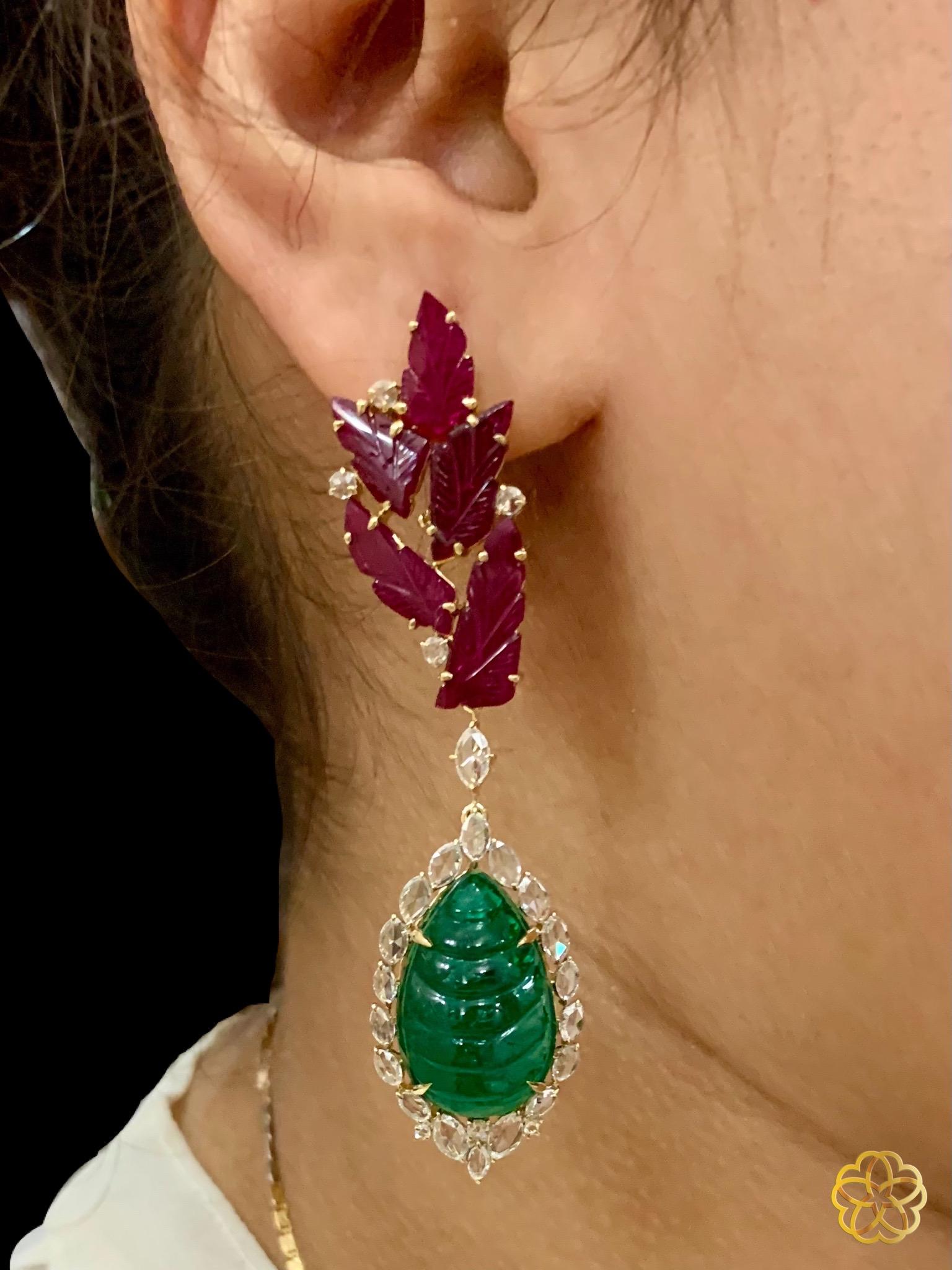 Emerald, Ruby & Rose Cut Diamond Studded Earrings in 18 Karat Yellow Gold In New Condition For Sale In JAIPUR, IN