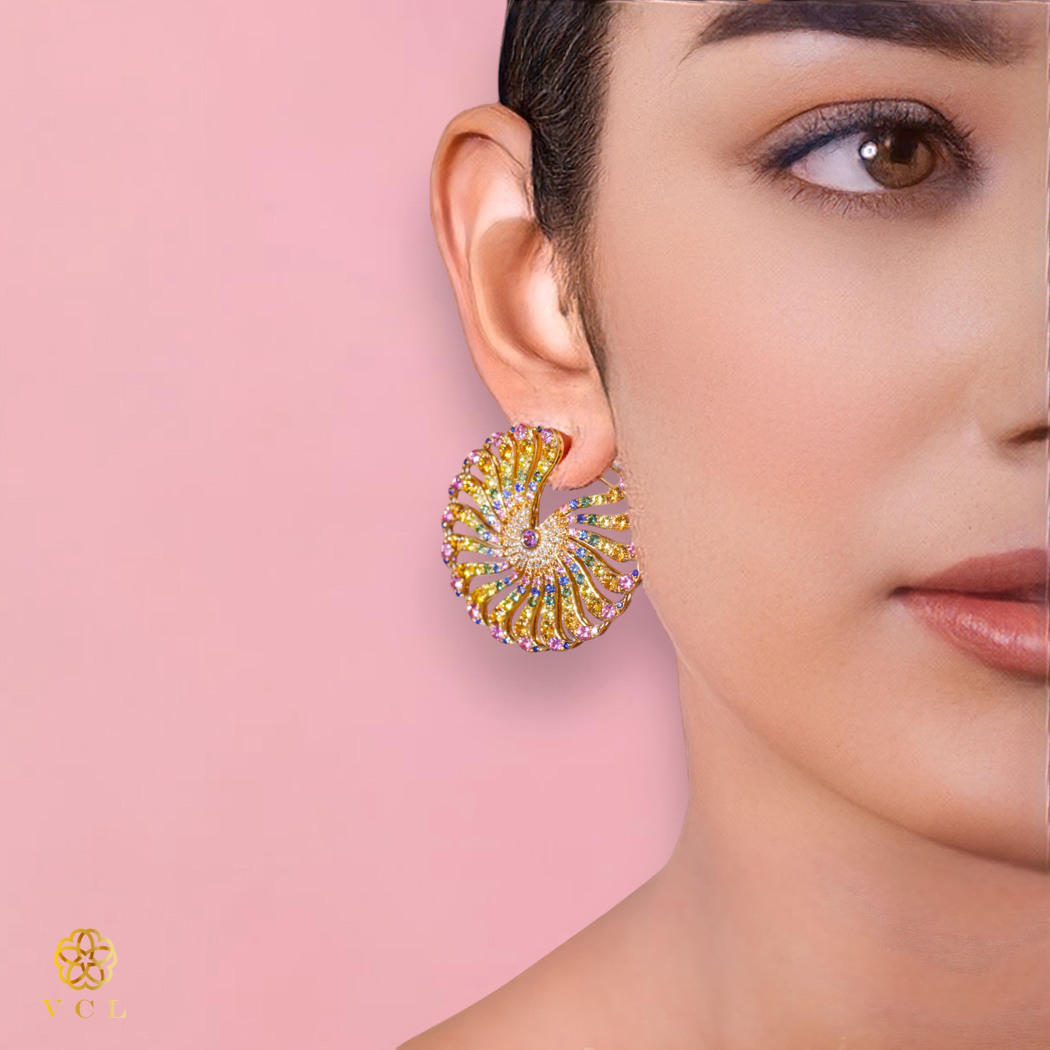 Multi Sapphire, Amethyst & Dimaond Studded Enamel Earring in 14 Karat Yellow Gol For Sale 1