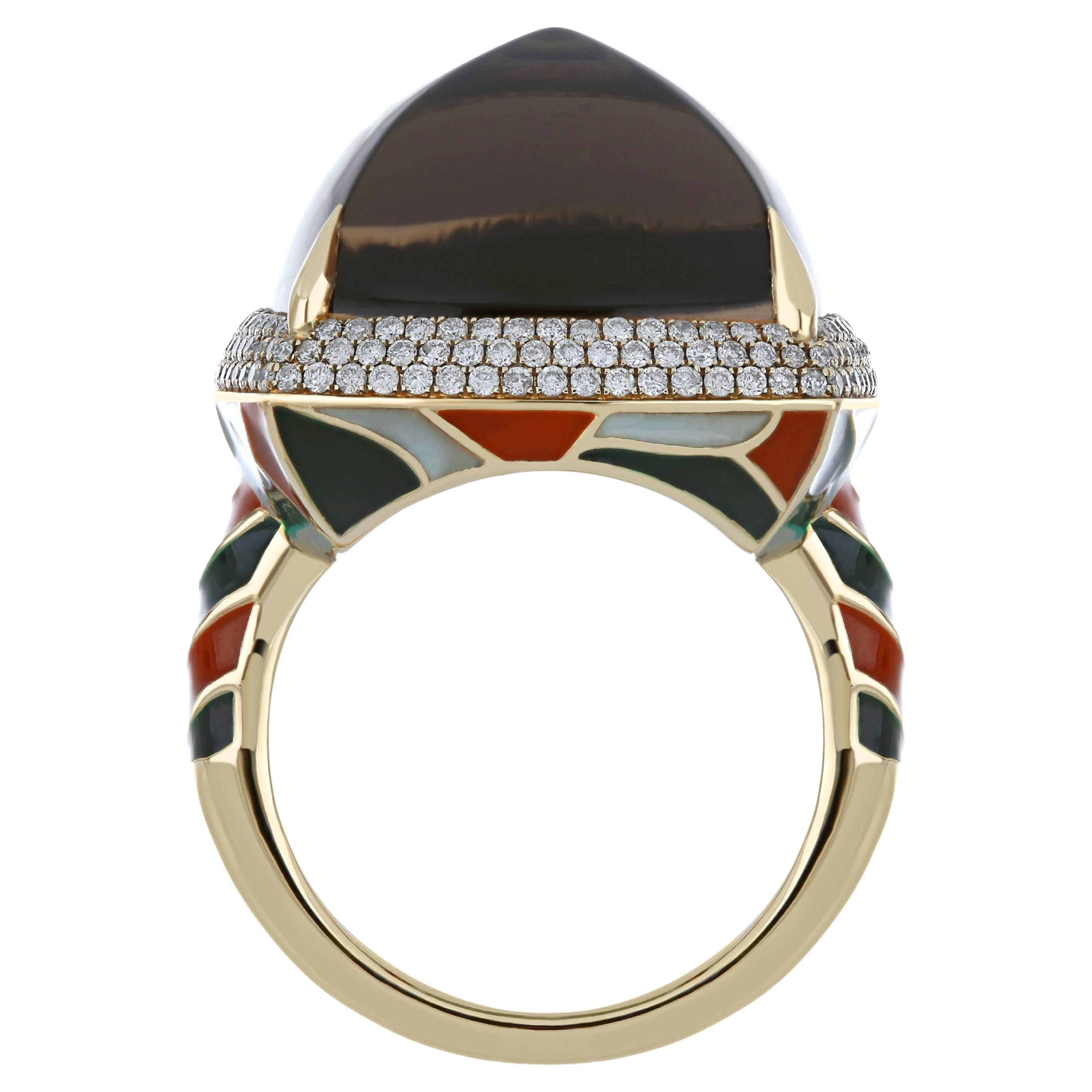 Smoky Quartz and Diamond Ring 14 Karat Yellow Gold