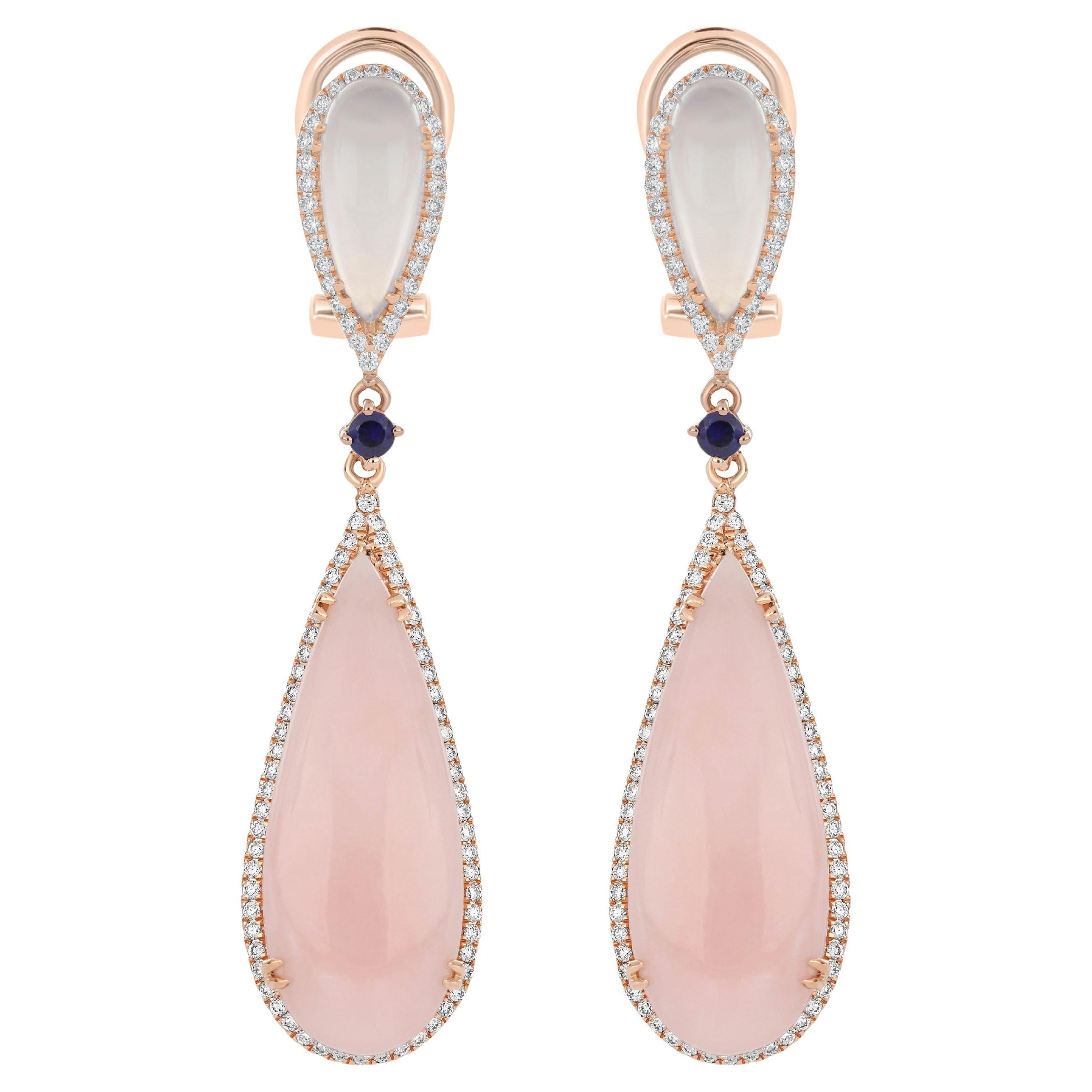 Pink Opal,Blue Chalcedony,Blue Sapphire and Diamond Earring 14 Karat Rose Gold 