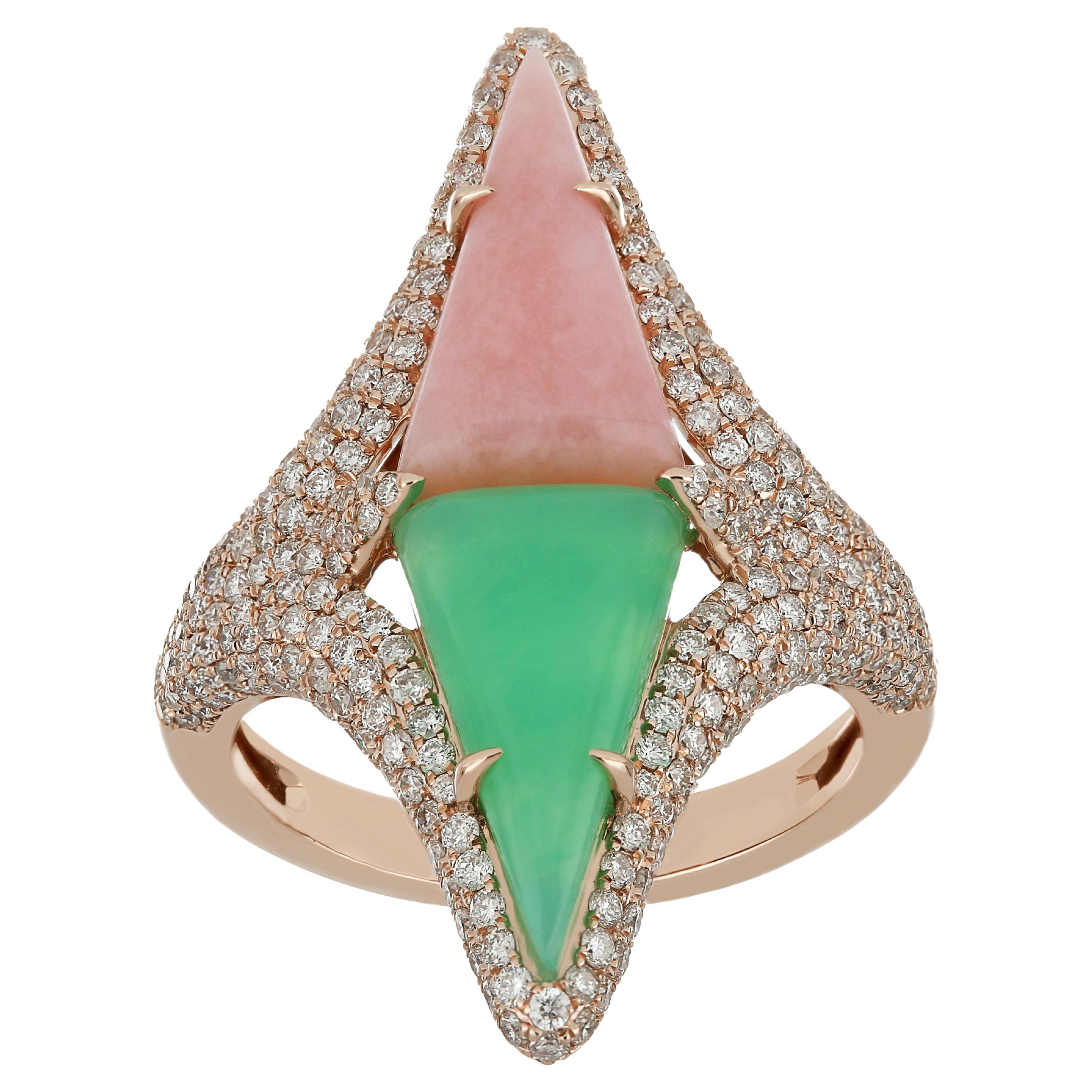 For Sale:  Pink Onyx, Chrysophrase and Diamond Studded Ring in 14 Karat Rose Gold