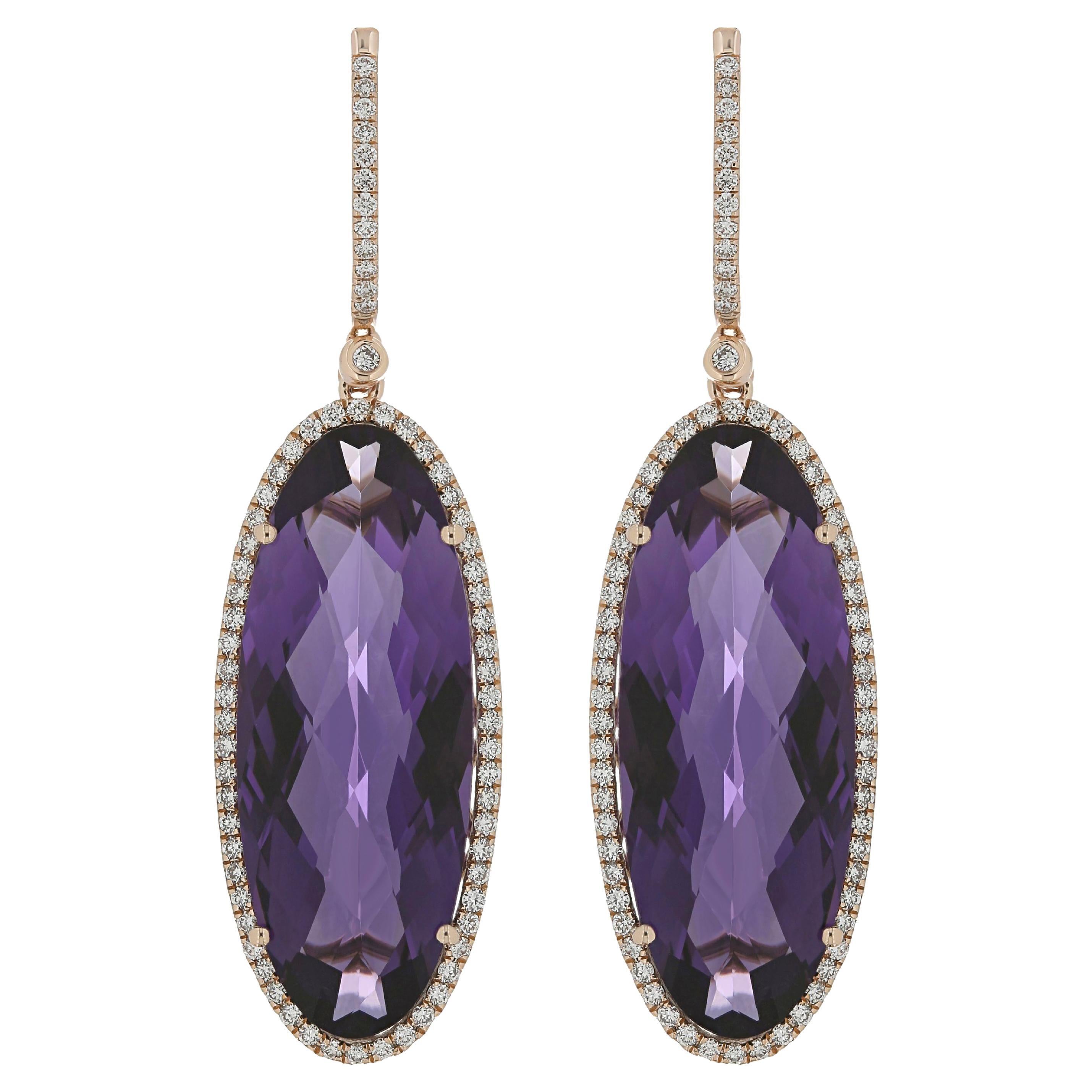 Amethyst and Diamond Studded Earring 14 Karat Rose Gold For Sale