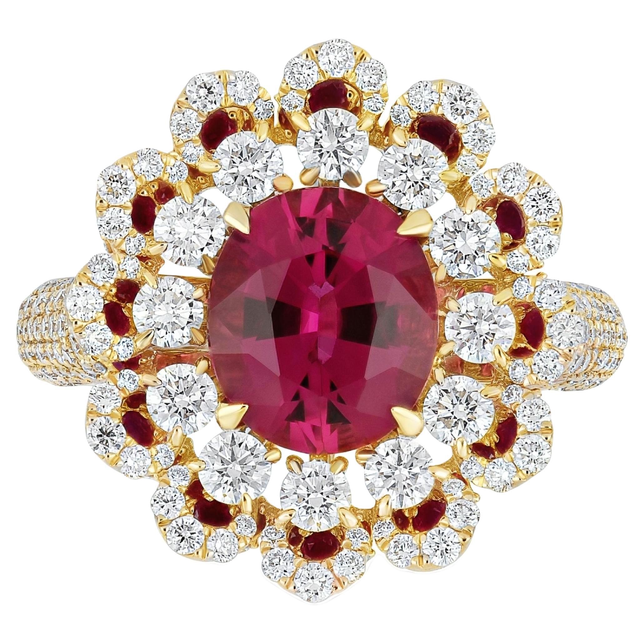 1.29CT's Rubellite, Ruby Diamond Ring in 18 karat Yellow Gold Hand-crafted Ring For Sale