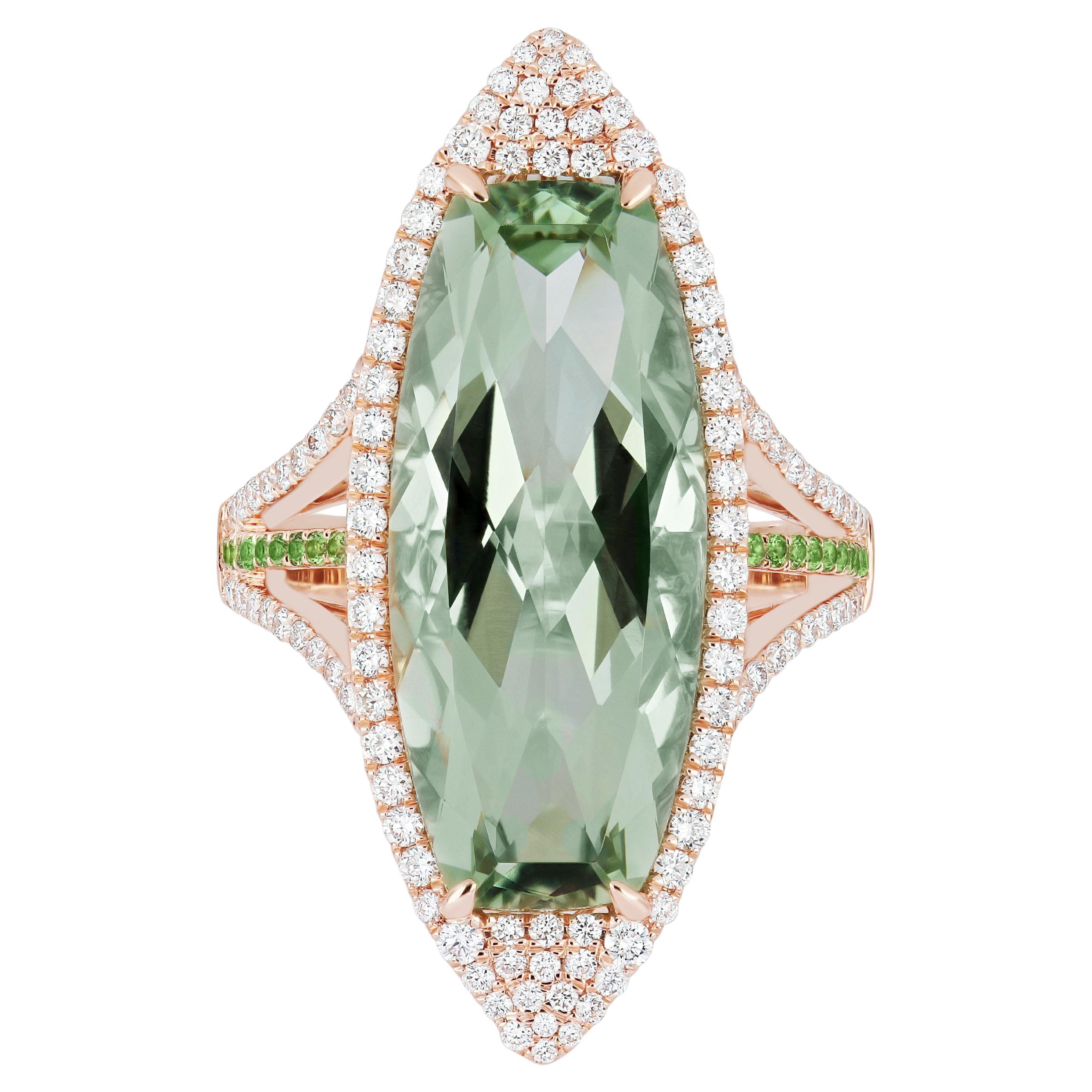 Mint Quartz, Tsavorite & Diamond Ring in 14K Rose Gold HandCraft Party Wear Ring