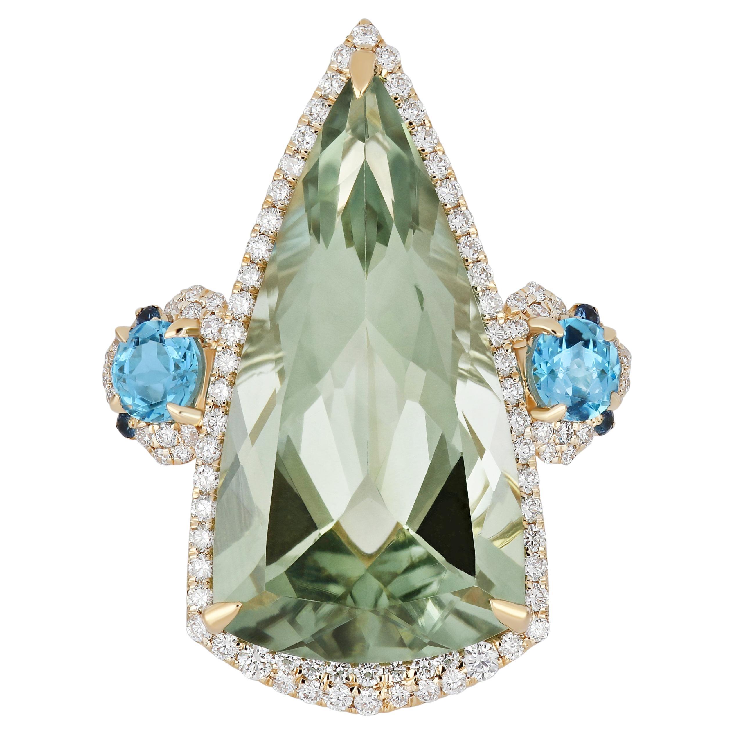 Mintquarz, Schweizer Blautopas und Diamantring aus 14 Karat Gelbgold, handgefertigt