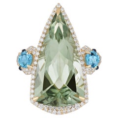 Mintquarz, Schweizer Blautopas und Diamantring aus 14 Karat Gelbgold, handgefertigt