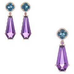 Conjunto de pendientes colgantes de amatista, topacio azul de Londres y diamantes de oro rosa de 18k
