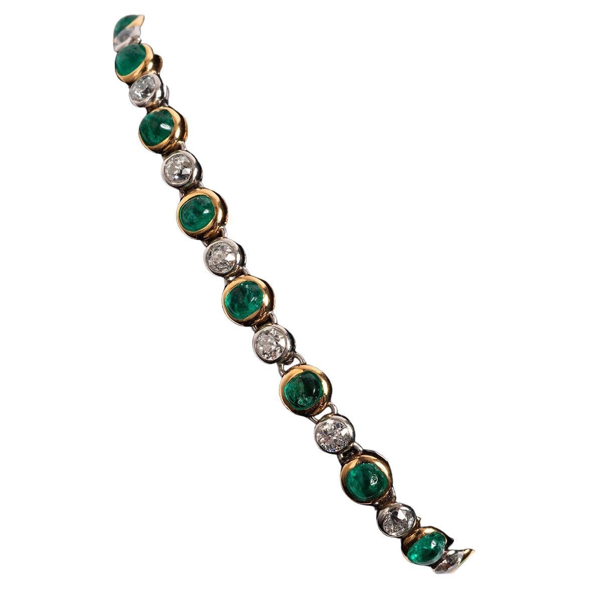 Round Cut French Art Nouveau Bracelet with 17 Old Cut Diamonds & 17 Cabochon Emeralds