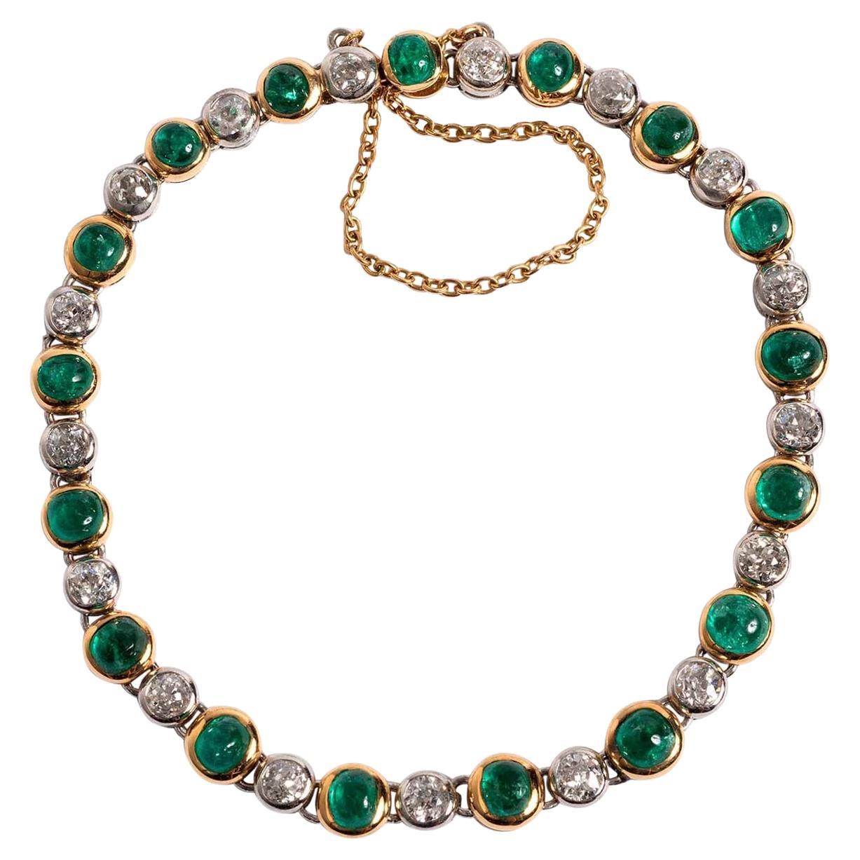 French Art Nouveau Bracelet with 17 Old Cut Diamonds & 17 Cabochon Emeralds