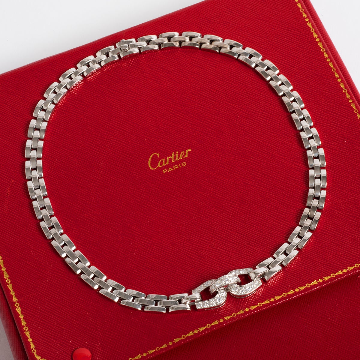 Vintage & Rare Cartier Panthere Maillon Etrier Becklace, 18K White Gold.