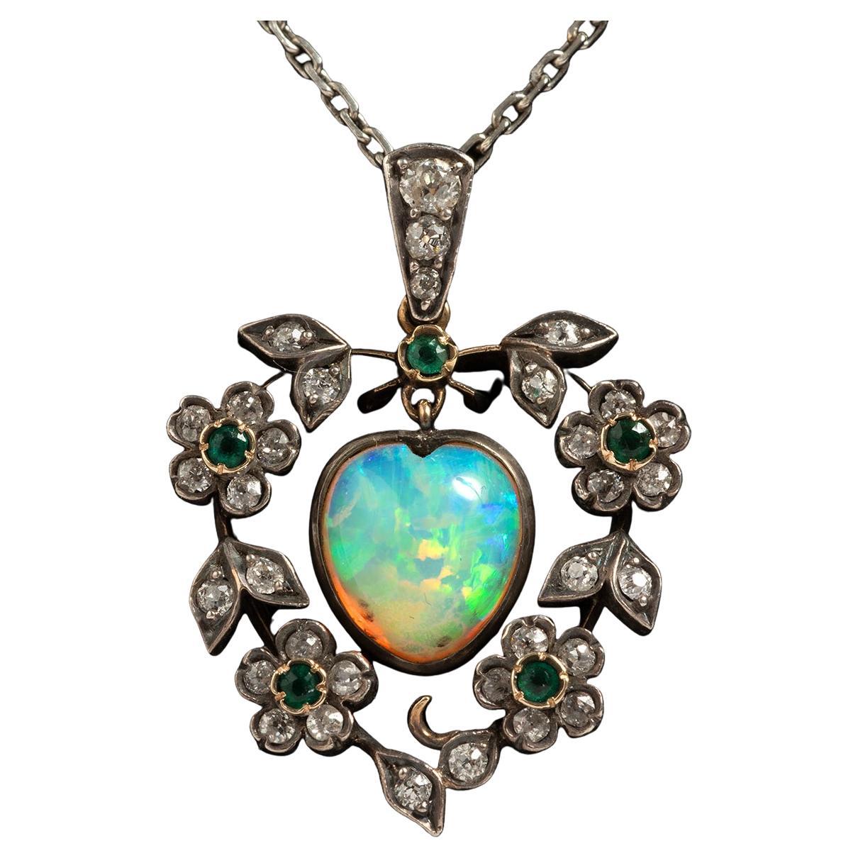 Victorian 18 Carat White Gold Necklace with Diamonds, Emeralds and Opal Stone. For Sale