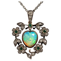 Victorian 18 Carat White Gold Necklace with Diamonds, Emeralds and Opal Stone.