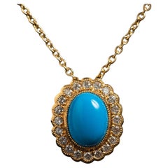 9 Carat Yellow Gold Turquoise Oval Diamond Necklace