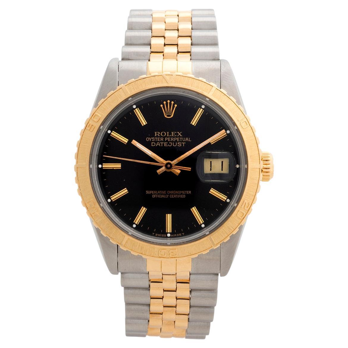 Our vintage and very rare Rolex Datejust Turn-o-graph reference 16253 aka the Thunderbird features a 36mm stainless steel case with rotating 18k yellow gold bezel and 18k yellow gold and stainless steel jubilee bracelet and plexiglass. This