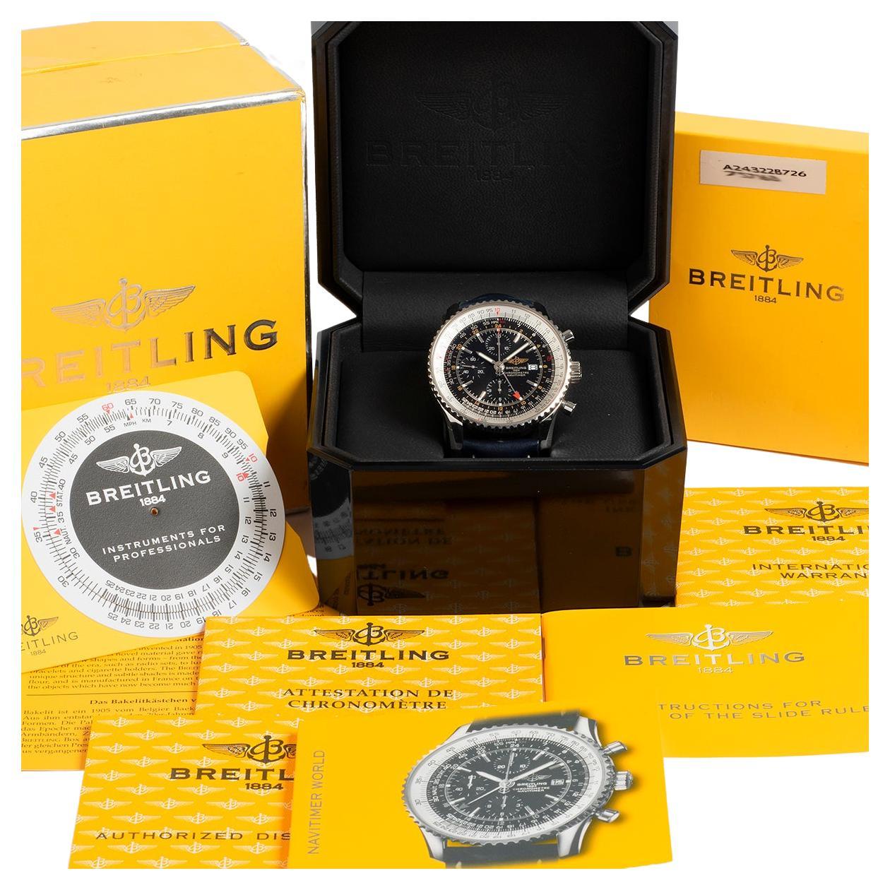 Montre-bracelet GMT Breitling Navitimer World Réf. A24422. Ensemble complet.