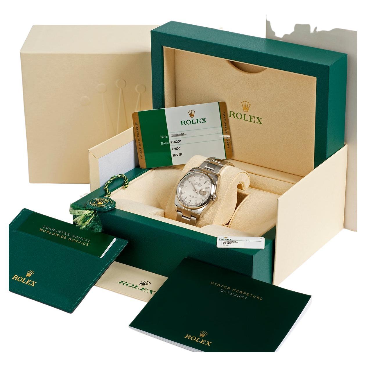 Rolex Datejust Wristwatch 36 Ref 116200, Silver Baton Dial, Year 2017. For Sale